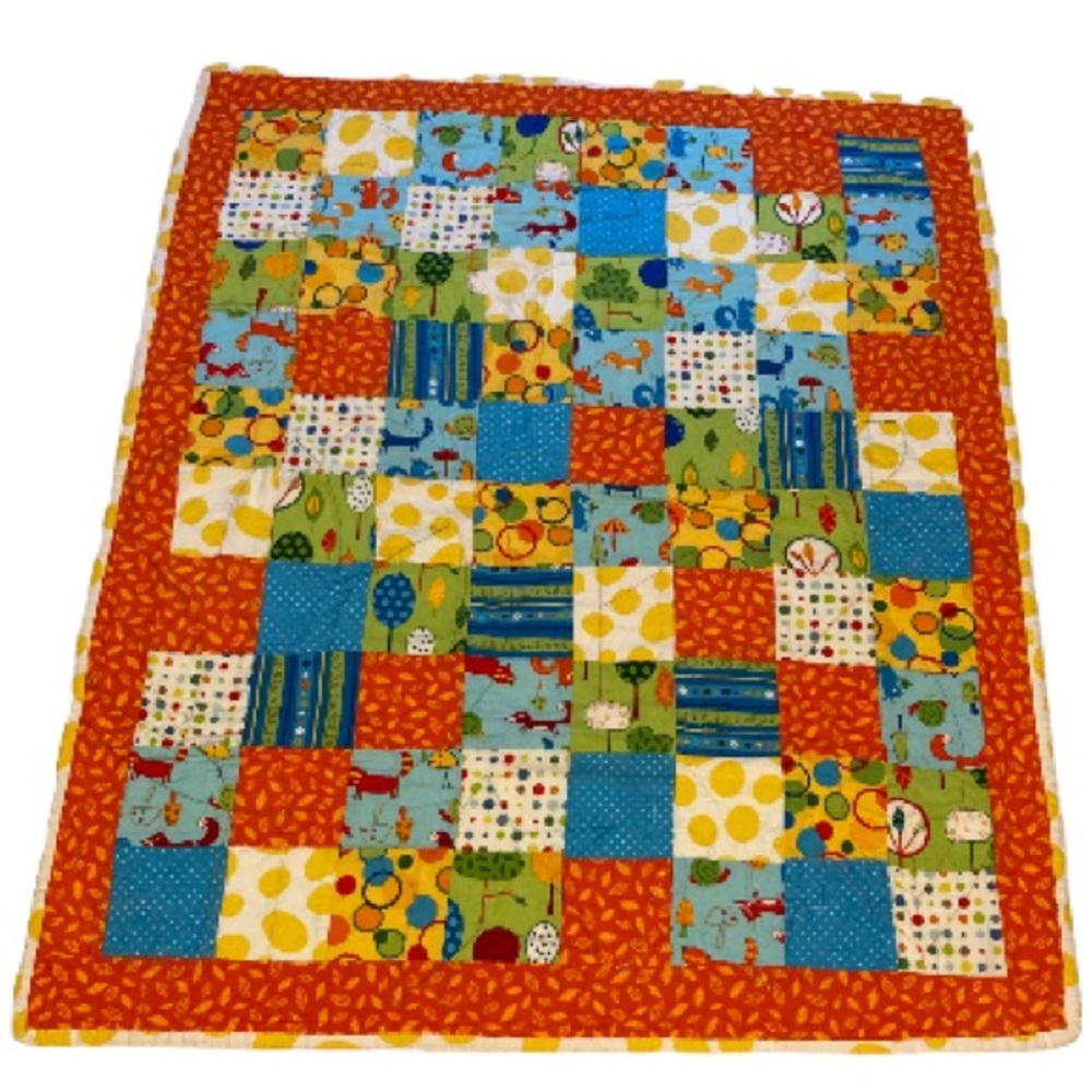 Handmade Rectangular Patch Quilt Colorful Forest Animals Bright 36 x 29 inches